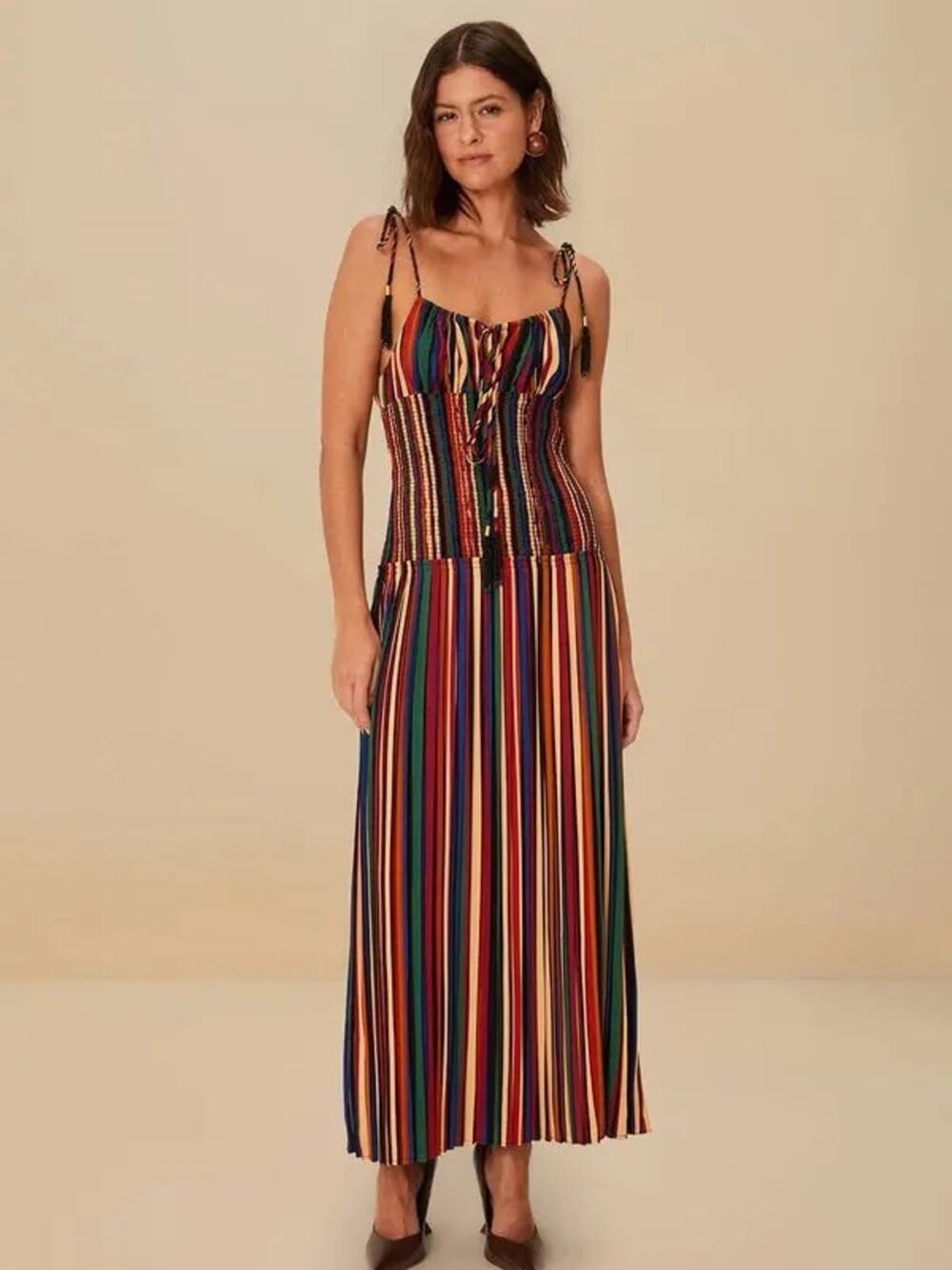Farm Rio Colorful Striped Maxi Dress with Tie Straps